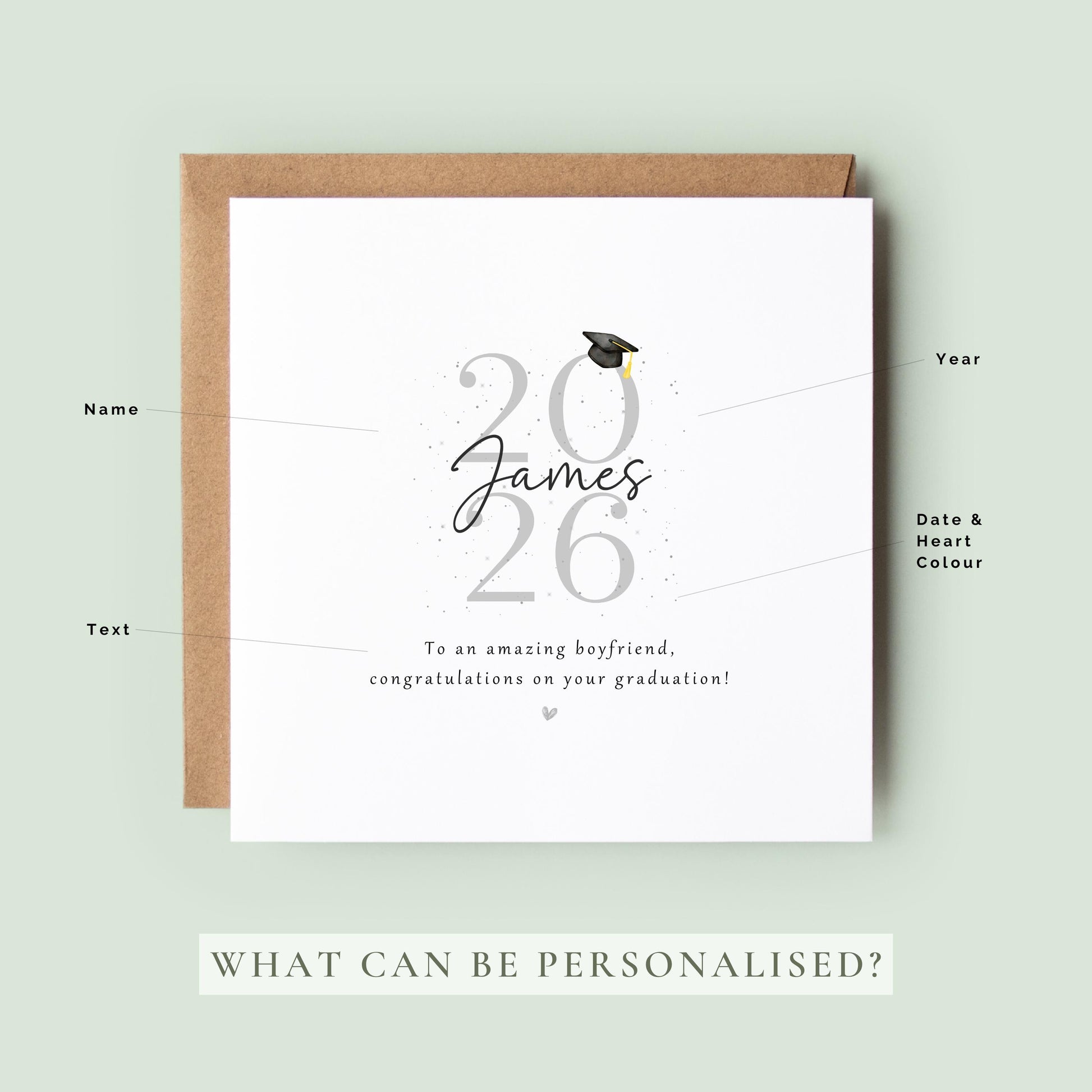 Personalised graduation card for boyfriend featuring custom name, Class of 2026 design, graduation cap, personalised message and heart colour on a modern minimalist keepsake card.