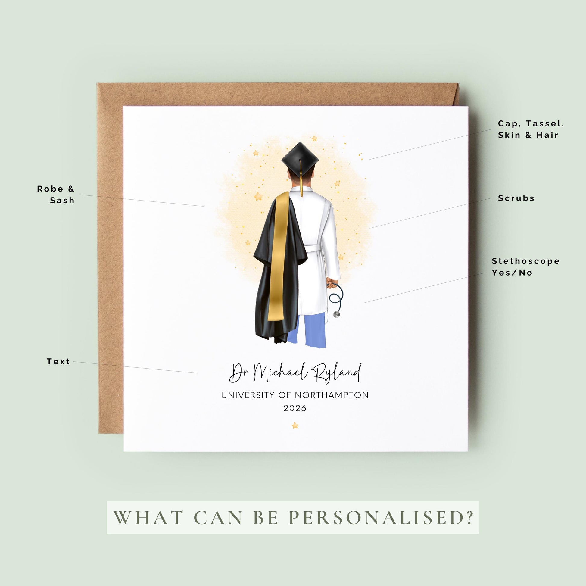 Personalised doctor graduation card featuring a medical graduate in cap and gown with scrubs and stethoscope, customised with name, university and graduation year, displayed with personalisation options.