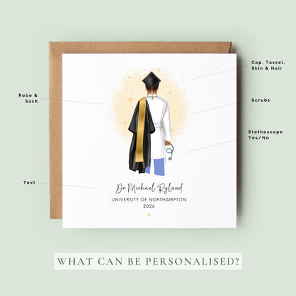 Personalised doctor graduation card featuring a medical graduate in cap and gown with scrubs and stethoscope, customised with name, university and graduation year, displayed with personalisation options.