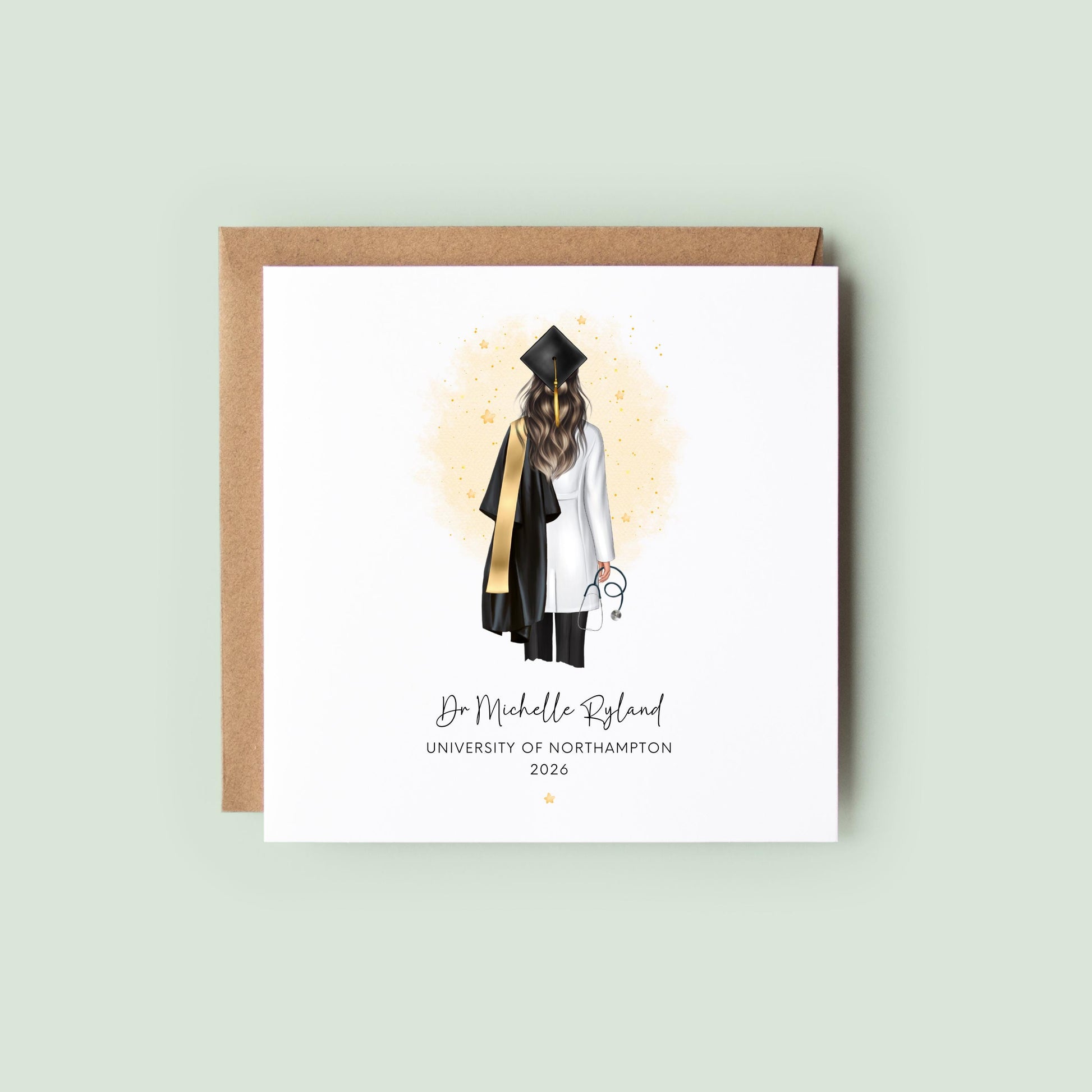 Personalised female doctor graduation card featuring a graduate in cap and gown with white medical coat and stethoscope, customised with name, university and graduation year, shown with personalisation options for hair, skin tone and accessories.