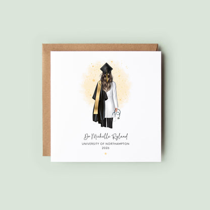 Personalised female doctor graduation card featuring a graduate in cap and gown with white medical coat and stethoscope, customised with name, university and graduation year, shown with personalisation options for hair, skin tone and accessories.