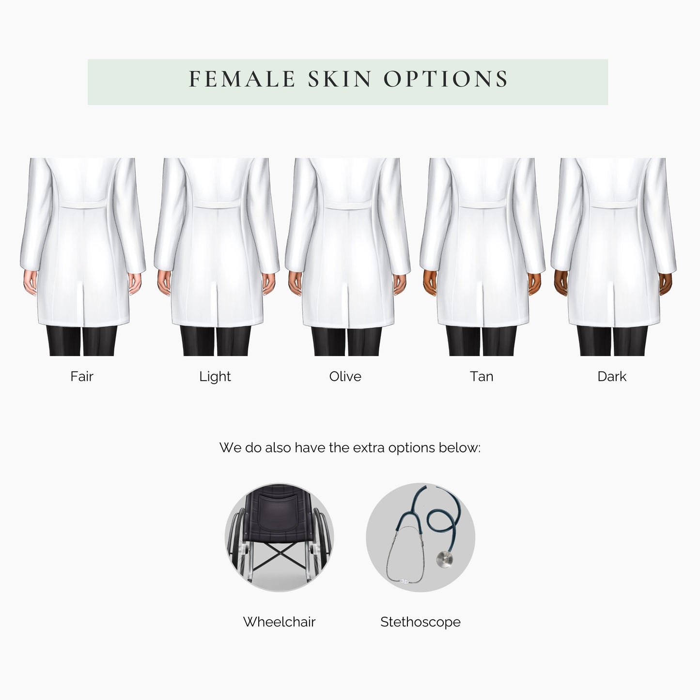 Personalised female doctor graduation card featuring a graduate in cap and gown with white medical coat and stethoscope, customised with name, university and graduation year, shown with personalisation options for hair, skin tone and accessories.