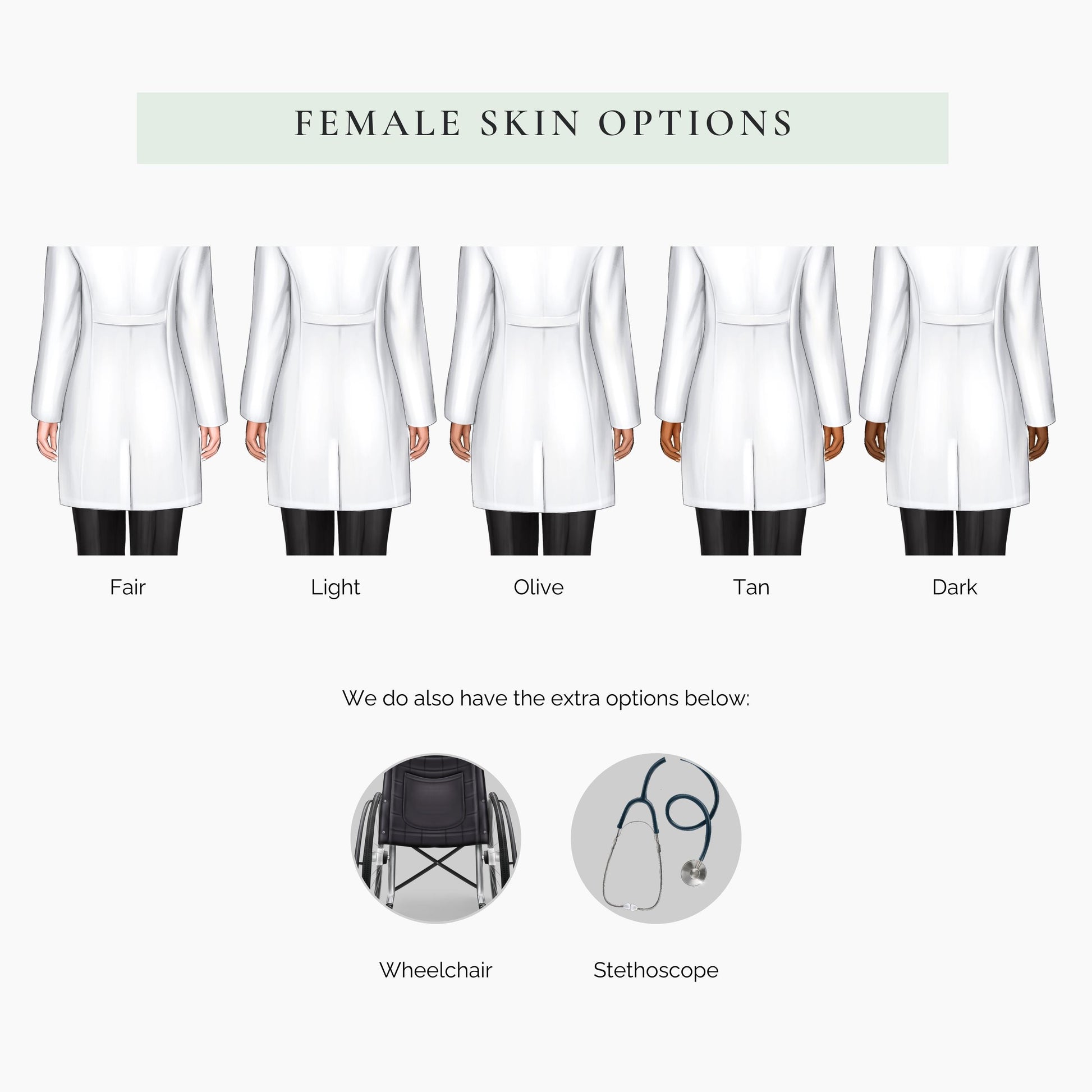 Personalised female doctor graduation card featuring a graduate in cap and gown with white medical coat and stethoscope, customised with name, university and graduation year, shown with personalisation options for hair, skin tone and accessories.