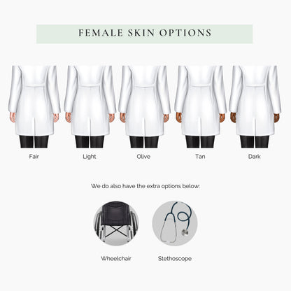 Personalised female doctor graduation card featuring a graduate in cap and gown with white medical coat and stethoscope, customised with name, university and graduation year, shown with personalisation options for hair, skin tone and accessories.