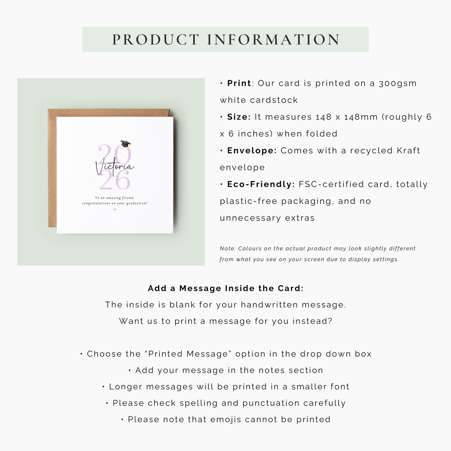 Personalised graduation card for a friend featuring custom name, graduation year and congratulations message with graduation cap illustration and Kraft envelope.