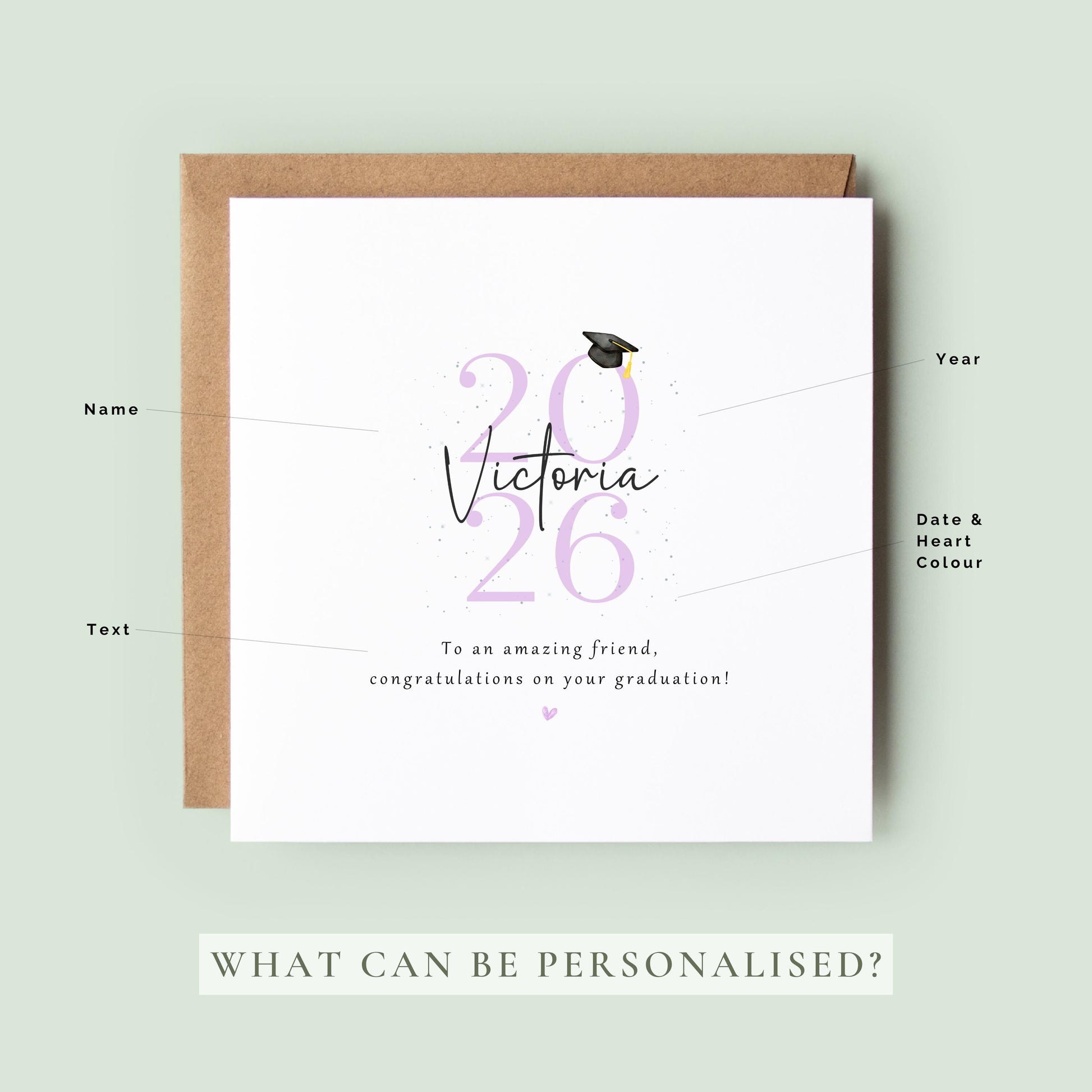 Personalised graduation card for a friend featuring custom name, graduation year and congratulations message with graduation cap illustration and Kraft envelope.