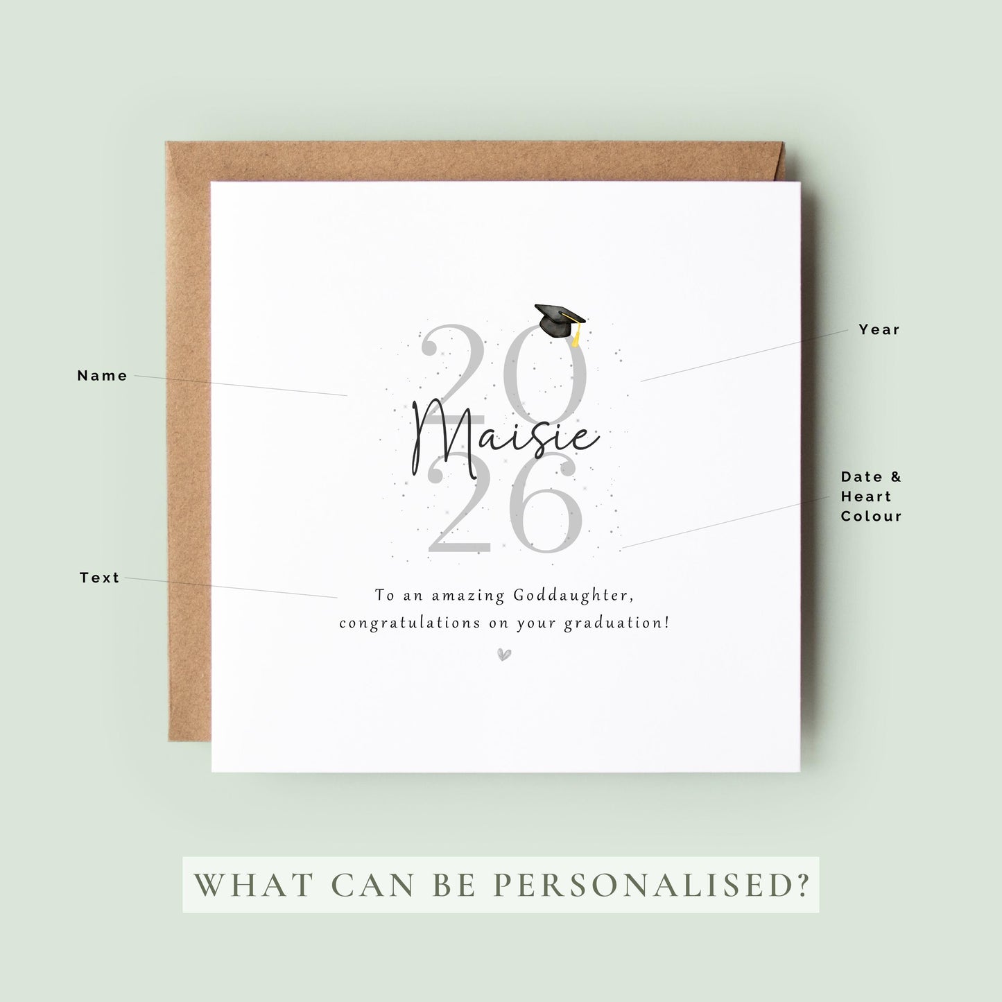 Personalised goddaughter graduation card featuring custom name, graduation year and congratulations message with graduation cap illustration and Kraft envelope.
