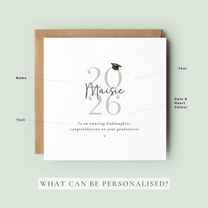 Personalised goddaughter graduation card featuring custom name, graduation year and congratulations message with graduation cap illustration and Kraft envelope.