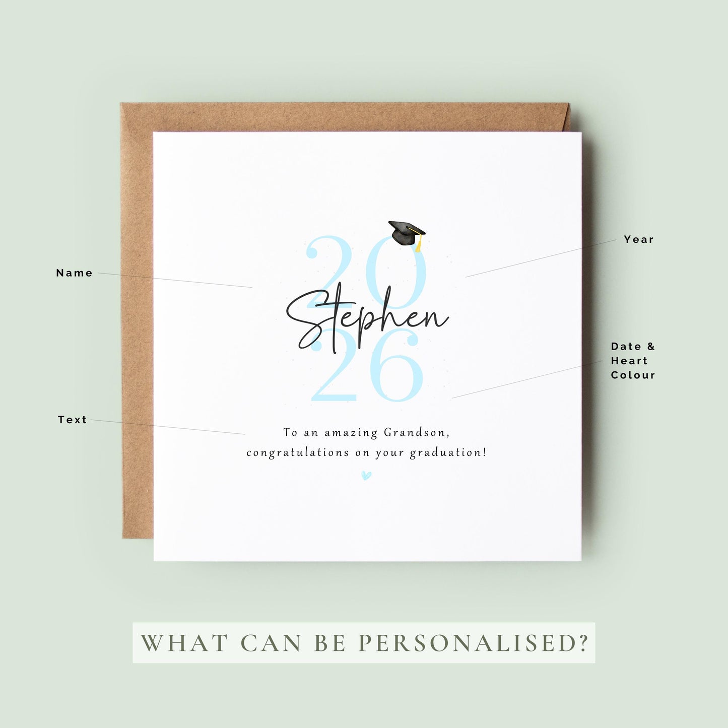 Personalised grandson graduation card from Nan and Grandad featuring custom name, graduation year and congratulations message with graduation cap illustration.