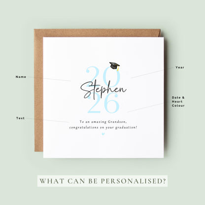 Personalised grandson graduation card from Nan and Grandad featuring custom name, graduation year and congratulations message with graduation cap illustration.