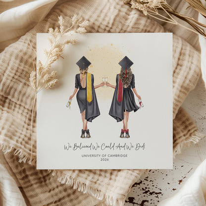 Personalised graduation card featuring two female graduates celebrating together with custom hair, robes, university details and graduation year, designed for best friends graduating together.