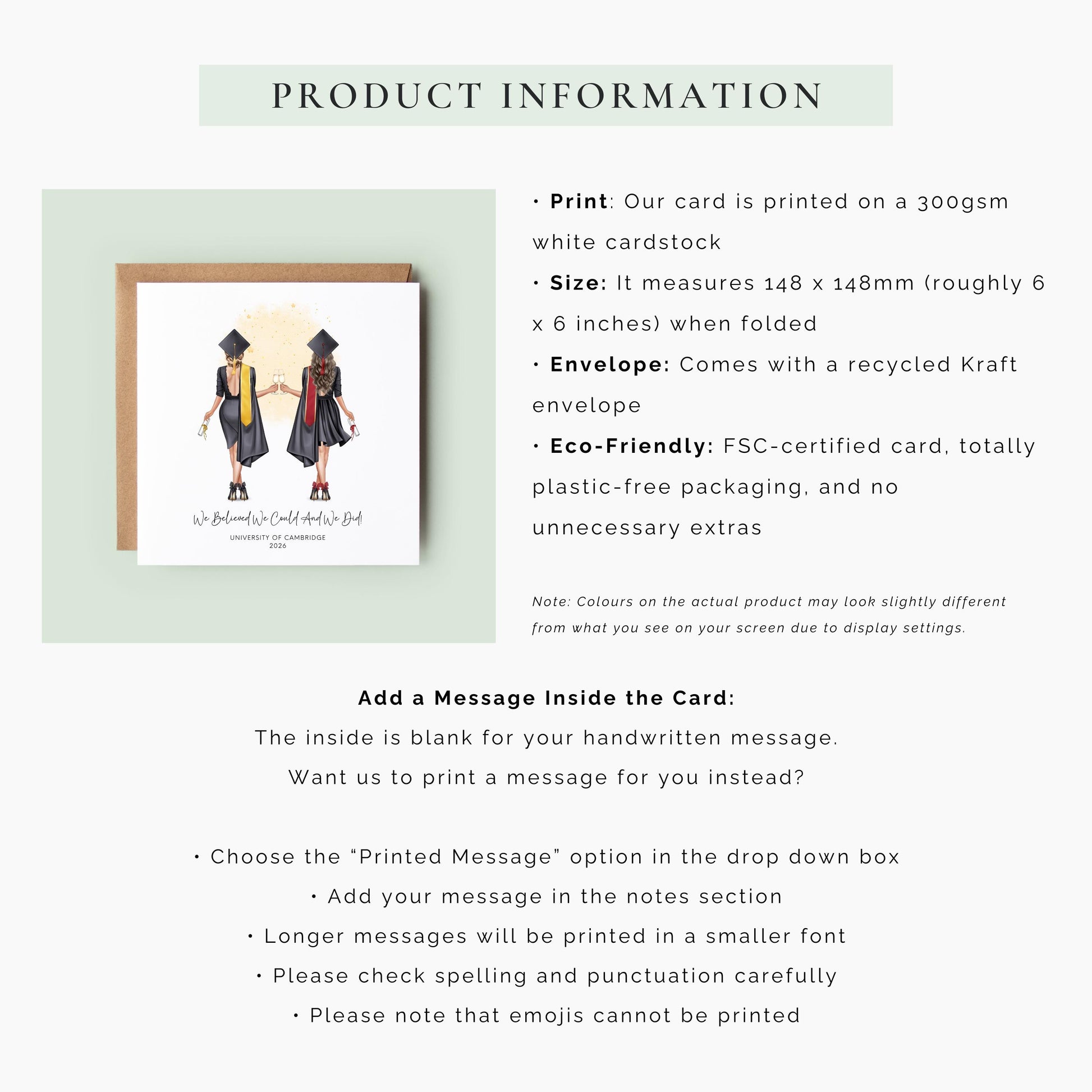 Personalised graduation card featuring two female graduates celebrating together with custom hair, robes, university details and graduation year, designed for best friends graduating together.