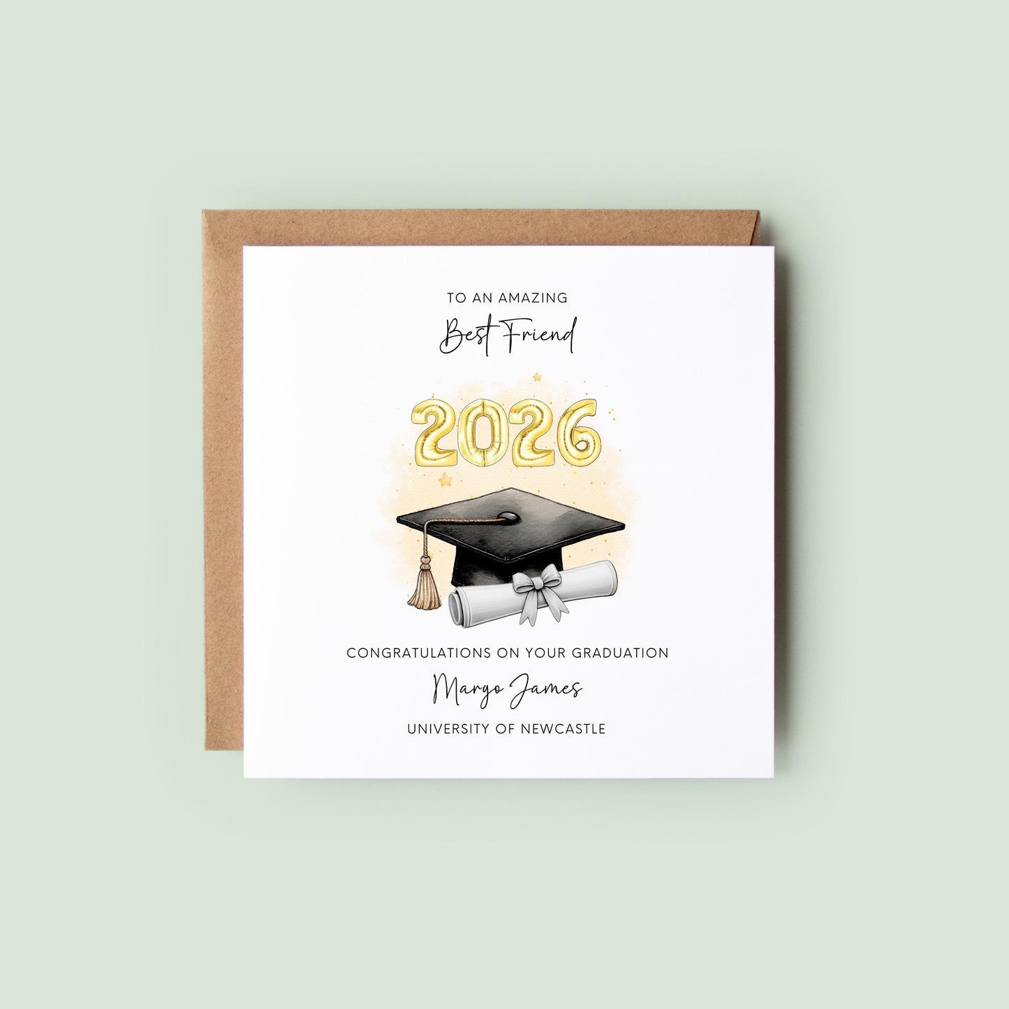Personalised Best Friend graduation card featuring graduation cap, diploma scroll and custom graduation year. Personalised with graduate’s name, university and special message. Congratulations keepsake card for a best friend graduate.