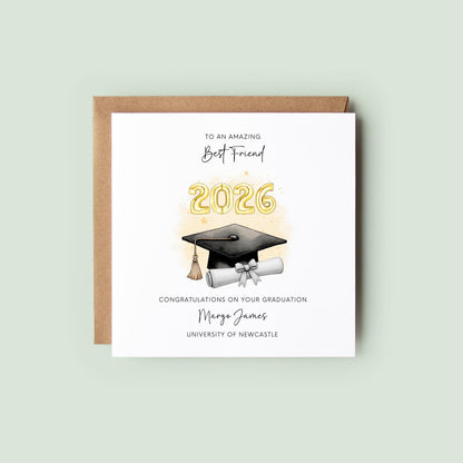 Personalised Best Friend graduation card featuring graduation cap, diploma scroll and custom graduation year. Personalised with graduate’s name, university and special message. Congratulations keepsake card for a best friend graduate.