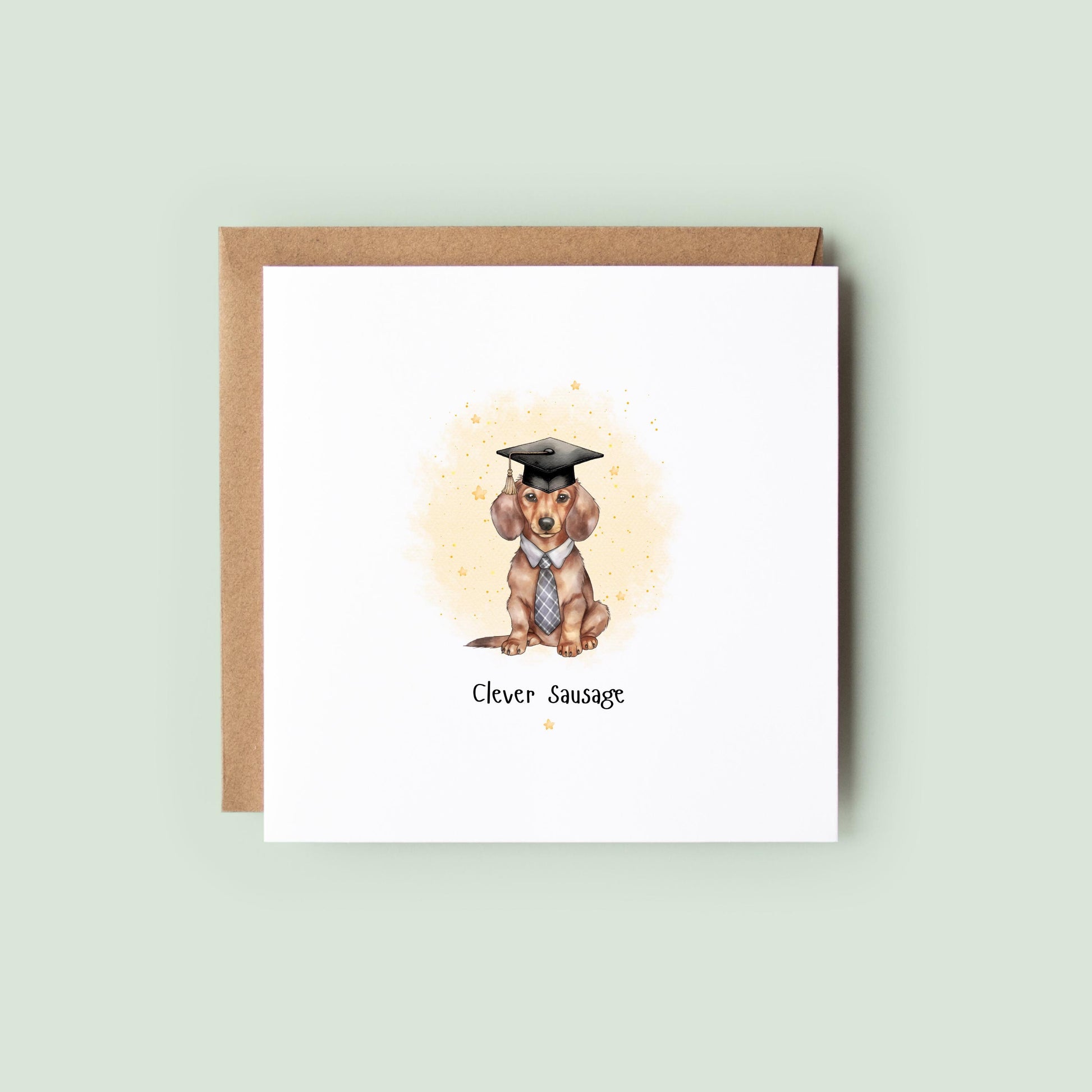 Funny dachshund graduation card featuring a sausage dog wearing a graduation cap and tie with the wording “Clever Sausage”. Humorous graduation congratulations card for dog lovers, university graduates and dachshund owners.