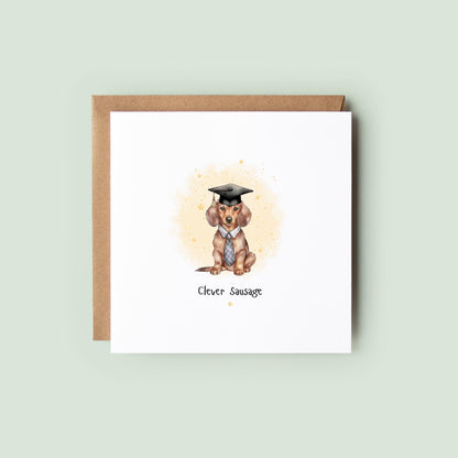 Funny dachshund graduation card featuring a sausage dog wearing a graduation cap and tie with the wording “Clever Sausage”. Humorous graduation congratulations card for dog lovers, university graduates and dachshund owners.
