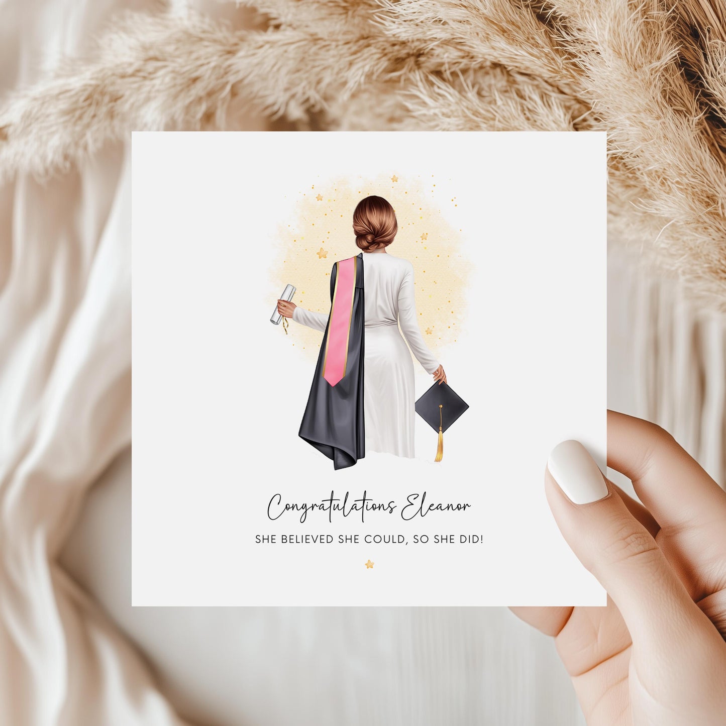 Personalised graduation card for her with mini dress and cap, customisable with name, hair, sash and skin tone – perfect for daughter, sister, or best friend.