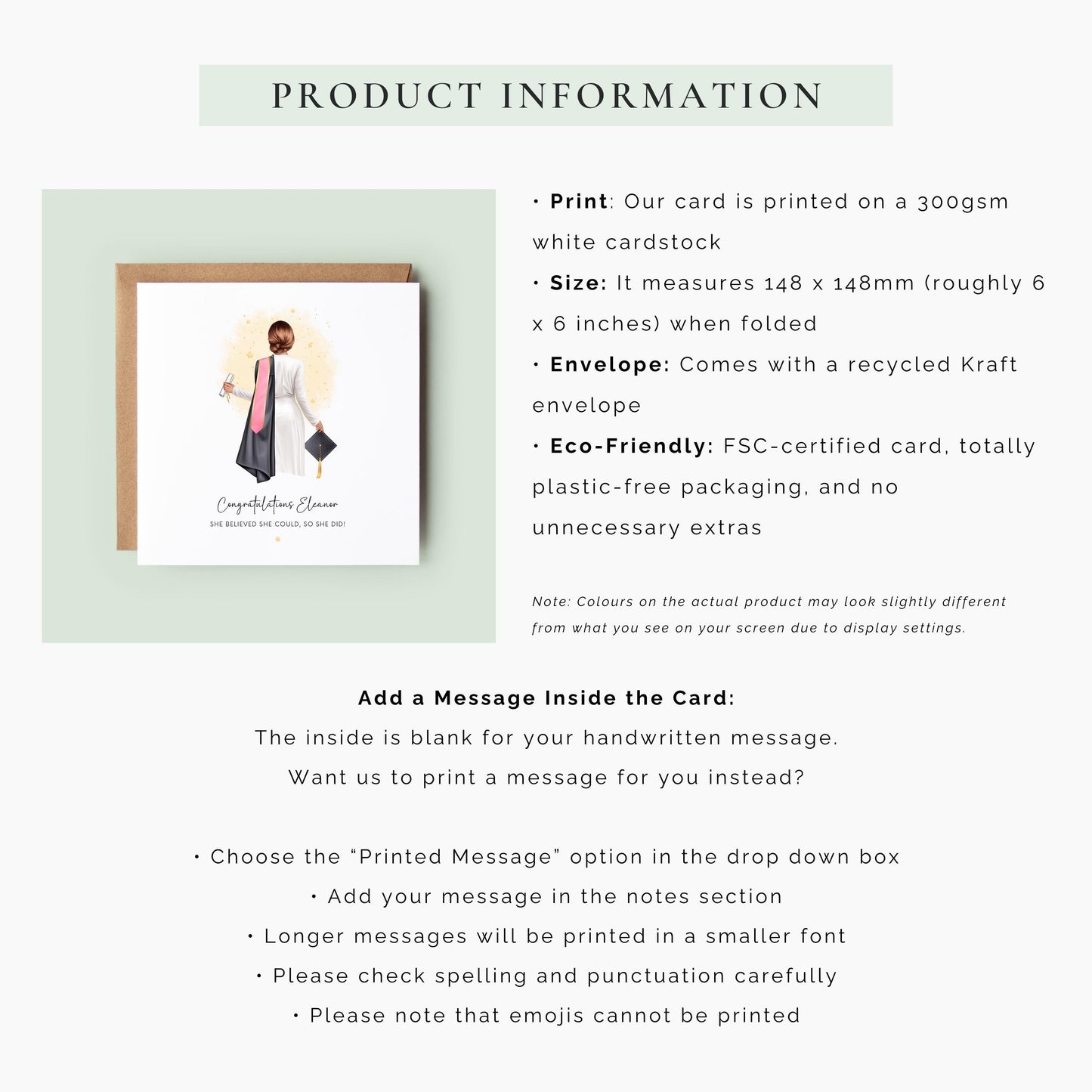 Personalised graduation card for her with mini dress and cap, customisable with name, hair, sash and skin tone – perfect for daughter, sister, or best friend.
