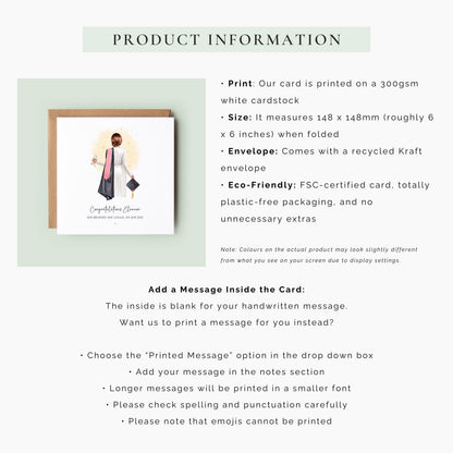 Personalised graduation card for her with mini dress and cap, customisable with name, hair, sash and skin tone – perfect for daughter, sister, or best friend.