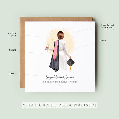 Personalised graduation card for her with mini dress and cap, customisable with name, hair, sash and skin tone – perfect for daughter, sister, or best friend.