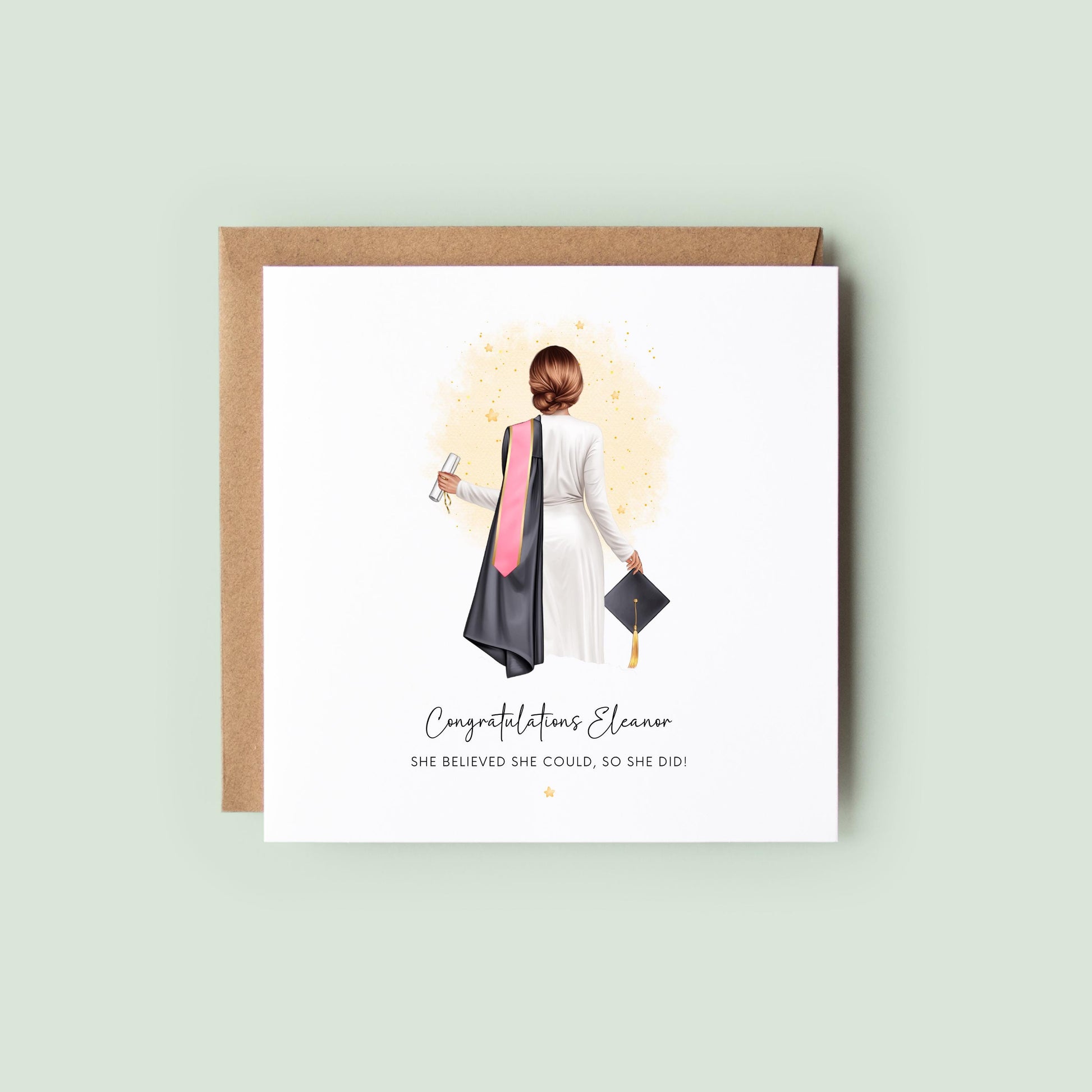 Personalised graduation card for her with mini dress and cap, customisable with name, hair, sash and skin tone – perfect for daughter, sister, or best friend.