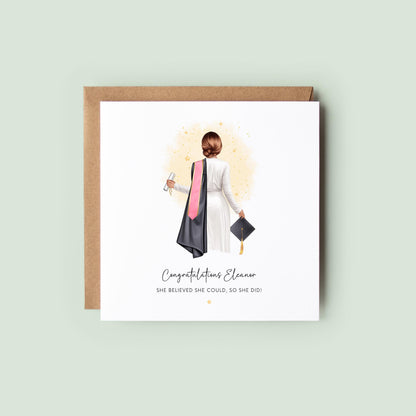 Personalised graduation card for her with mini dress and cap, customisable with name, hair, sash and skin tone – perfect for daughter, sister, or best friend.