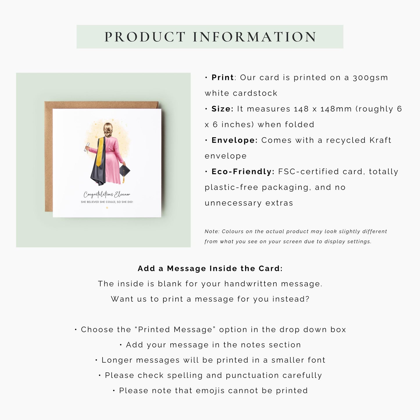 Personalised graduation card featuring a female graduate illustration with custom hair, skin tone, outfit, robe and sash colours, holding a diploma and graduation cap.