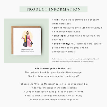 Personalised graduation card featuring a female graduate illustration with custom hair, skin tone, outfit, robe and sash colours, holding a diploma and graduation cap.