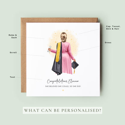 Personalised graduation card featuring a female graduate illustration with custom hair, skin tone, outfit, robe and sash colours, holding a diploma and graduation cap.