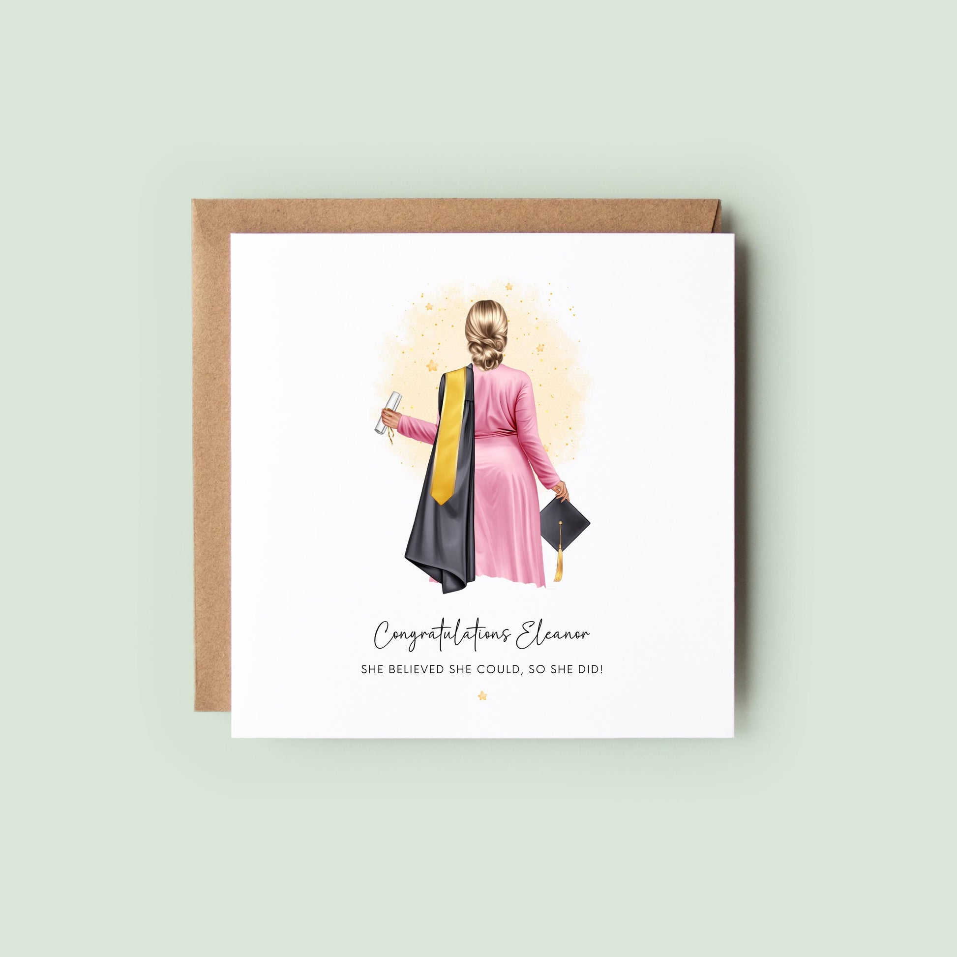 Personalised graduation card featuring a female graduate illustration with custom hair, skin tone, outfit, robe and sash colours, holding a diploma and graduation cap.