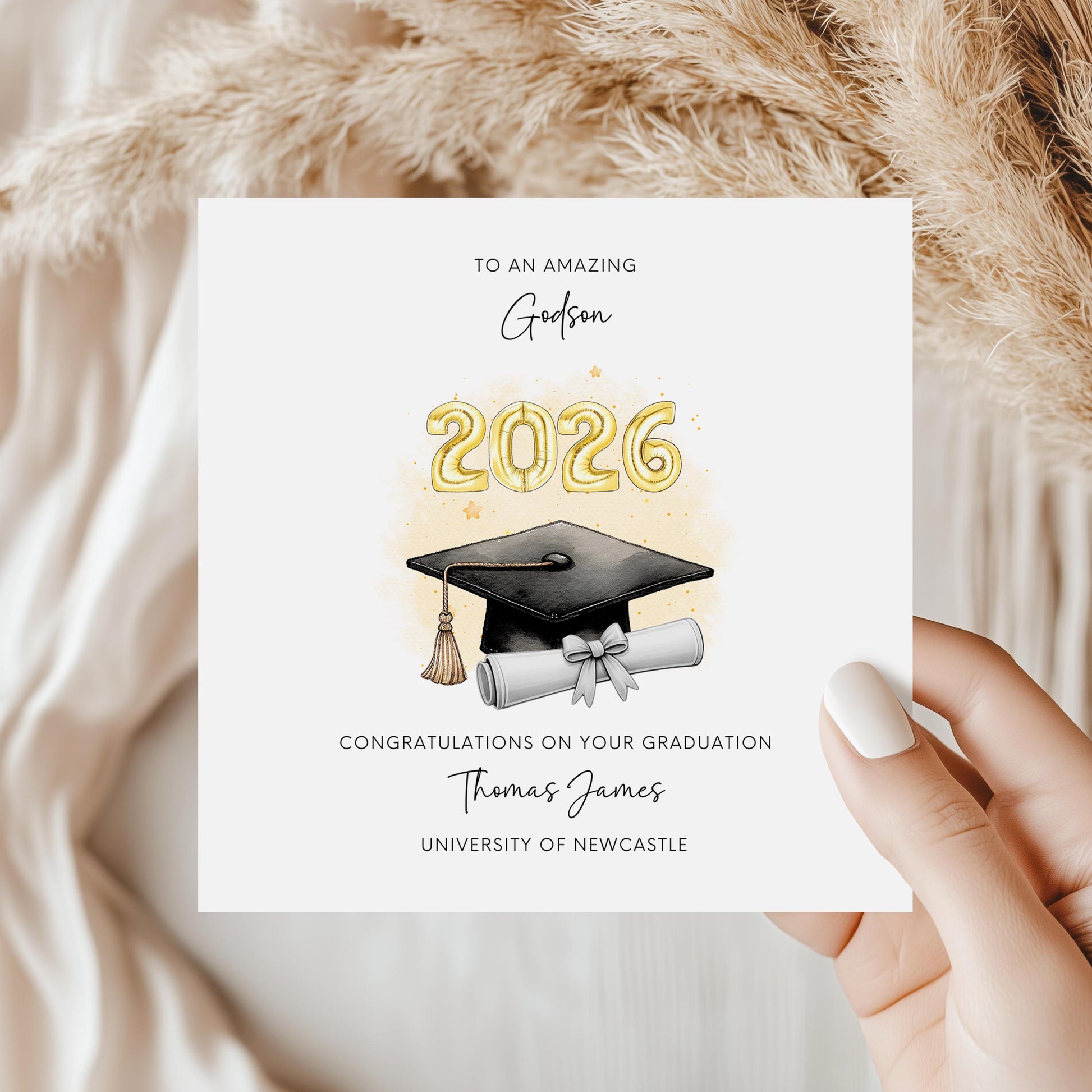 Personalised godson graduation card featuring gold 2026 balloons, graduation cap and diploma scroll. Custom university graduation card with godson title, graduate name, university details and congratulations message.