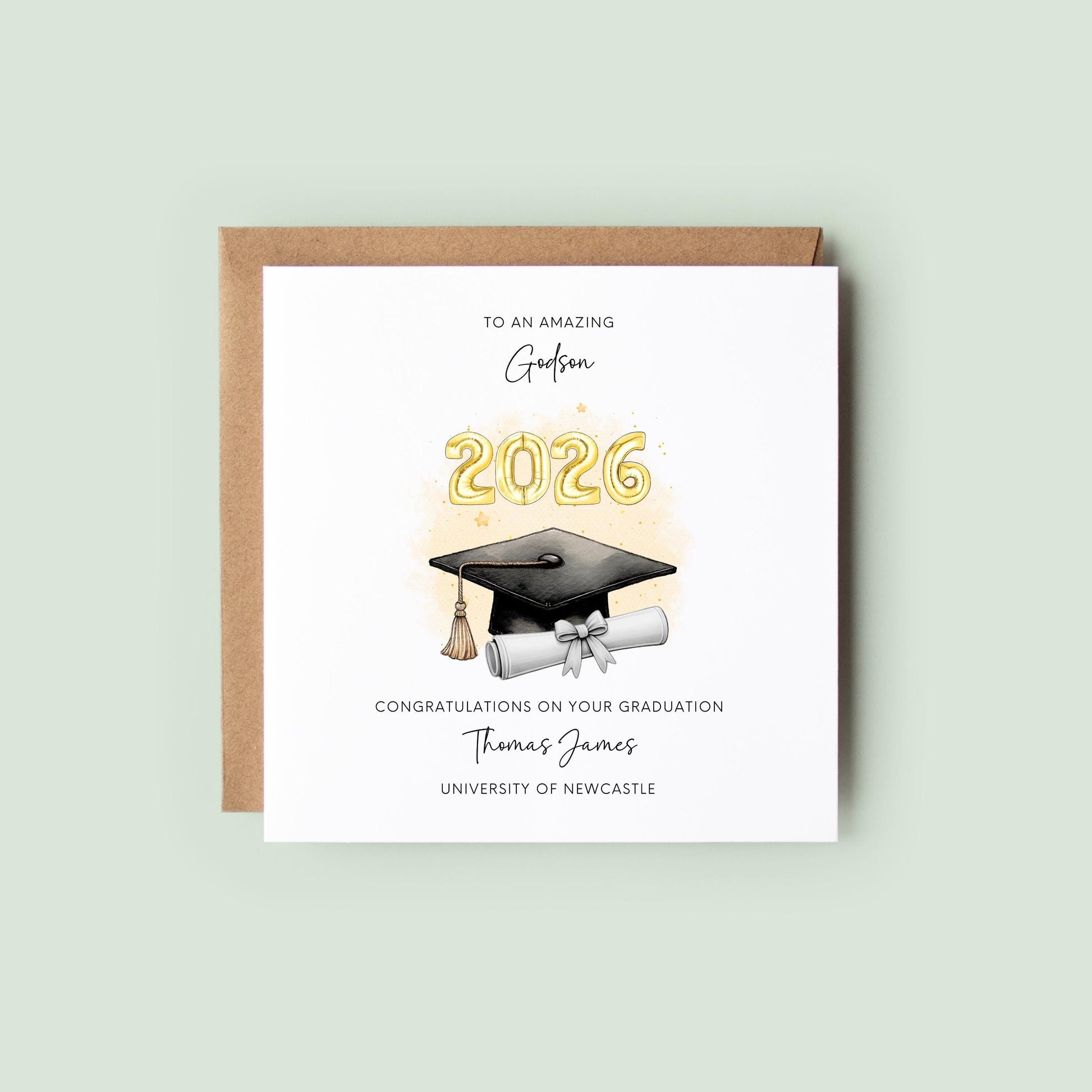 Personalised godson graduation card featuring gold 2026 balloons, graduation cap and diploma scroll. Custom university graduation card with godson title, graduate name, university details and congratulations message.