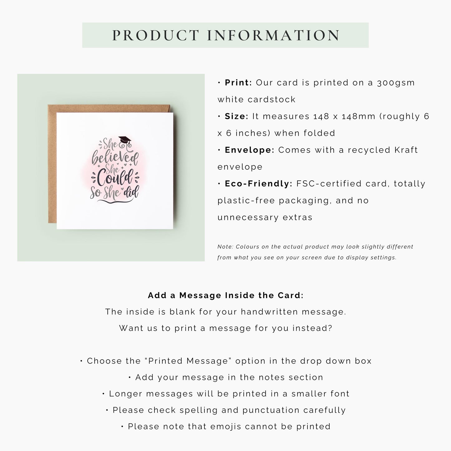 Graduation card for her featuring the quote “She Believed She Could So She Did” with a graduation cap and soft pink background. Inspirational congratulations card for female university graduates, college graduates and academic achievements.