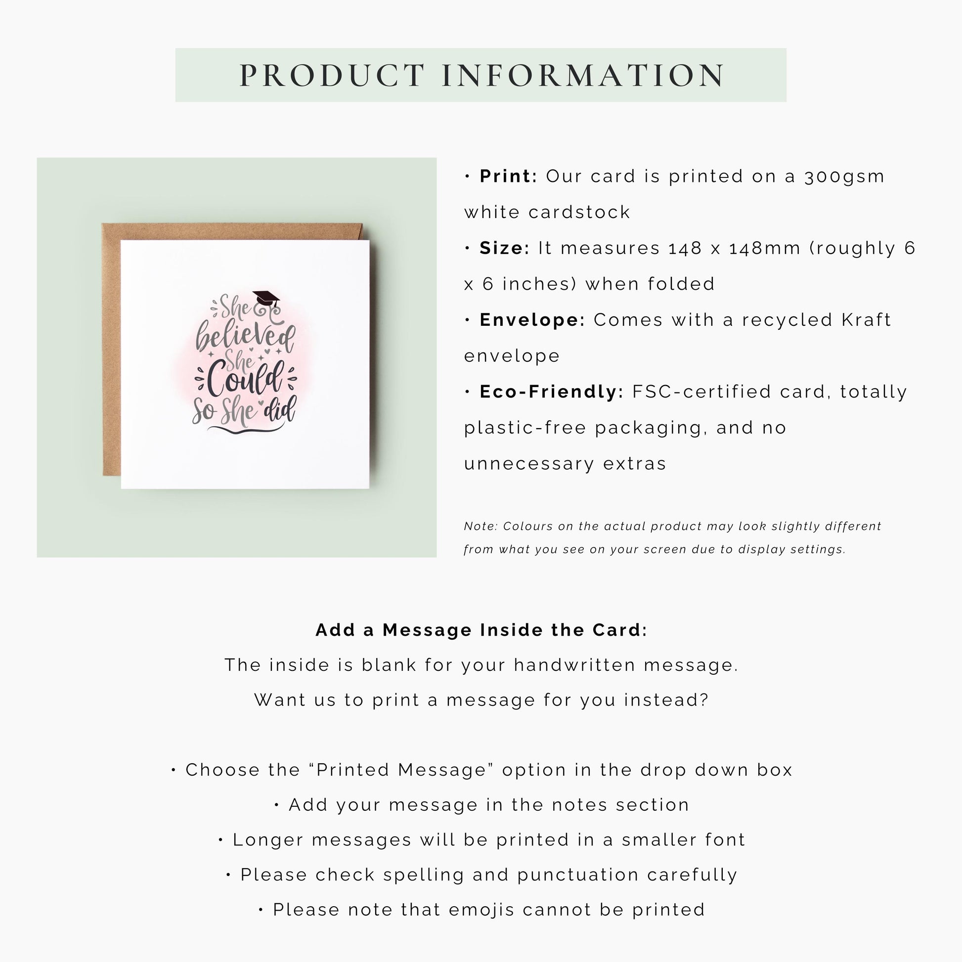 Graduation card for her featuring the quote “She Believed She Could So She Did” with a graduation cap and soft pink background. Inspirational congratulations card for female university graduates, college graduates and academic achievements.