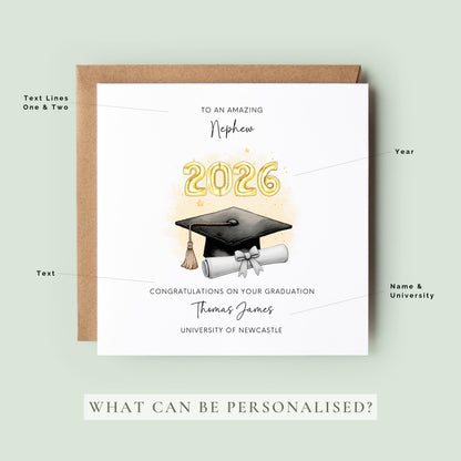Personalised nephew graduation card featuring gold 2026 balloons, graduation cap and diploma scroll. Custom university graduation card with nephew title, graduate name, university details and congratulations message.
