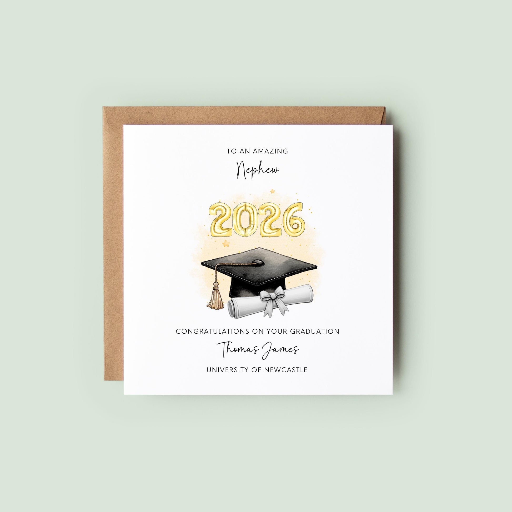 Personalised nephew graduation card featuring gold 2026 balloons, graduation cap and diploma scroll. Custom university graduation card with nephew title, graduate name, university details and congratulations message.