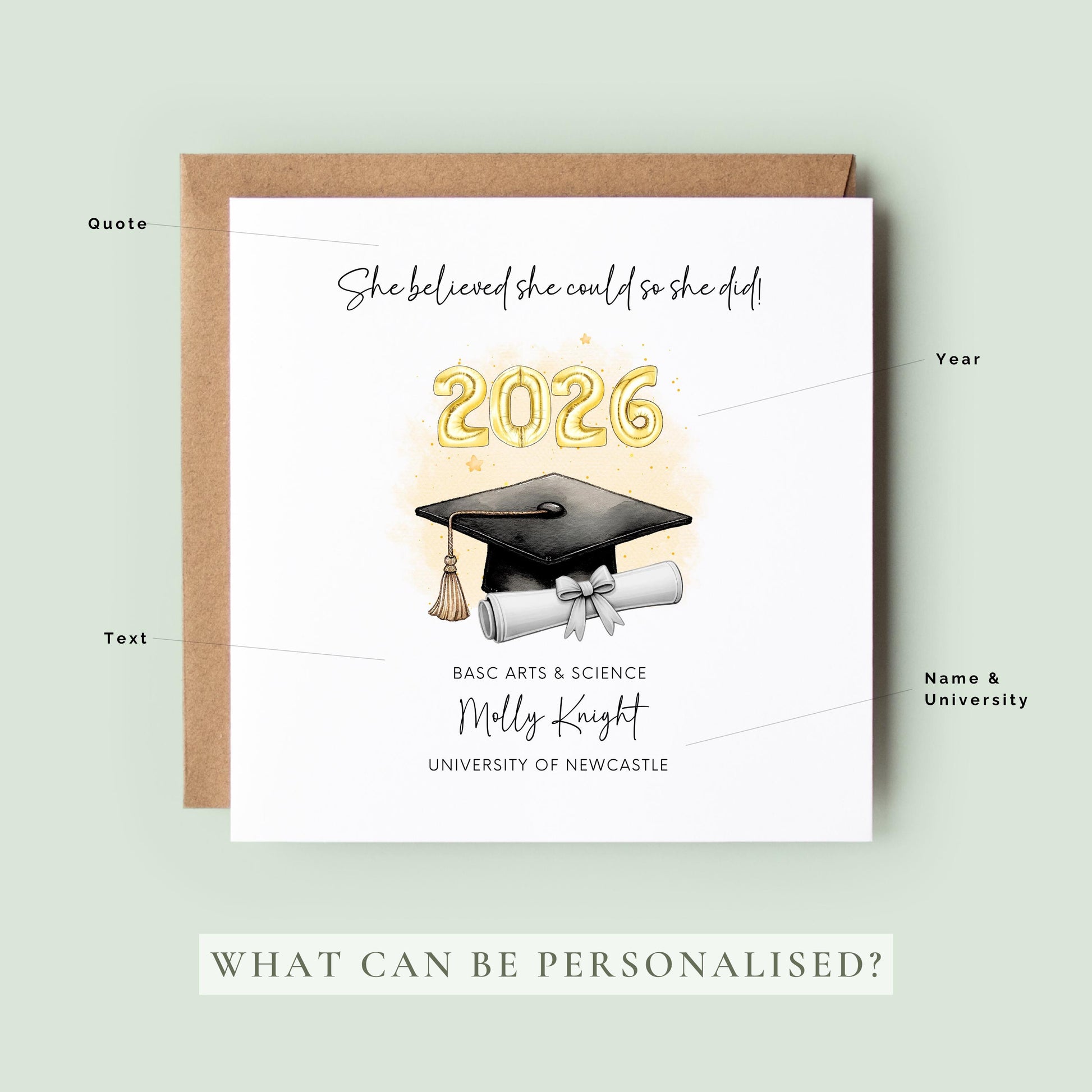 Personalised graduation card for her featuring gold 2026 balloons, graduation cap and diploma scroll. Custom graduate card with degree title, name, university and inspirational graduation quote for Class of 2026.