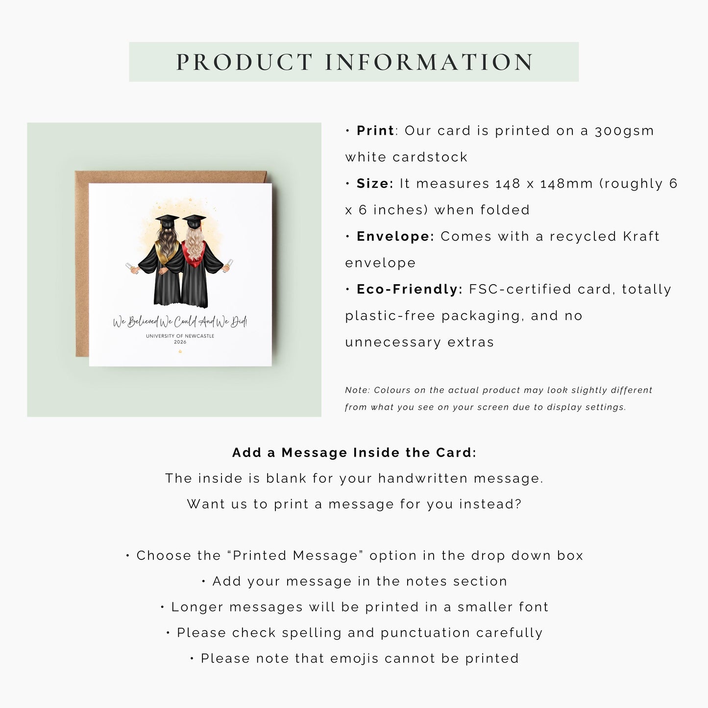 Personalised best friend graduation card featuring two graduates in caps and gowns holding diplomas. Customisable hair, skin tone, sash colours, university name, graduation year and friendship quote for Class of 2026 graduates.
