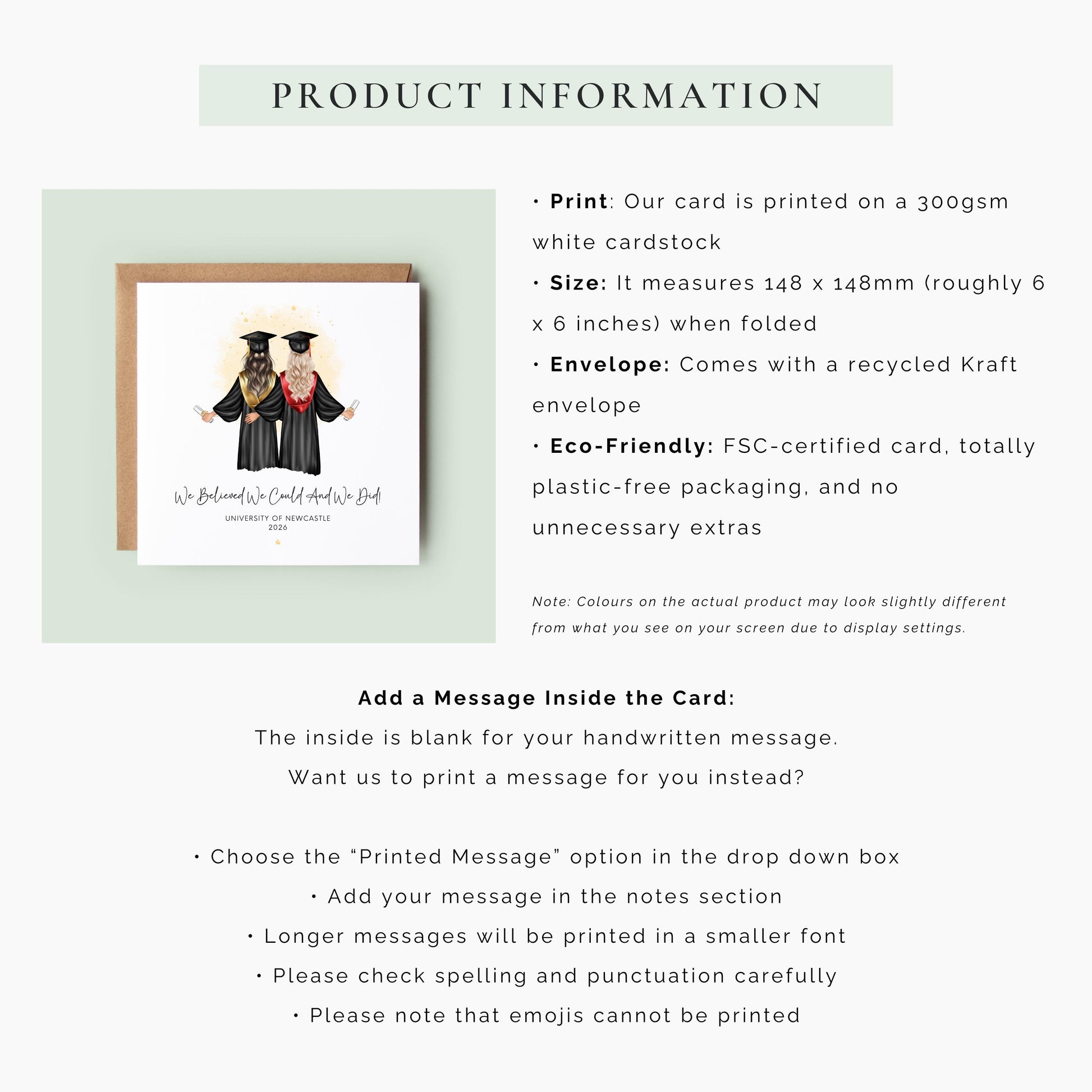Personalised best friend graduation card featuring two graduates in caps and gowns holding diplomas. Customisable hair, skin tone, sash colours, university name, graduation year and friendship quote for Class of 2026 graduates.