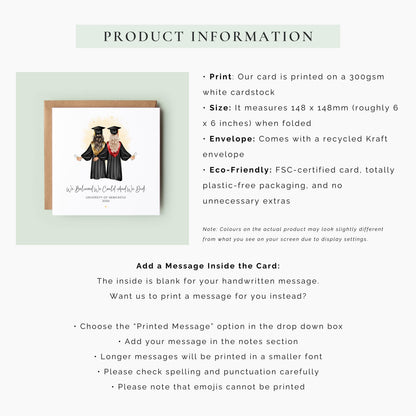 Personalised best friend graduation card featuring two graduates in caps and gowns holding diplomas. Customisable hair, skin tone, sash colours, university name, graduation year and friendship quote for Class of 2026 graduates.