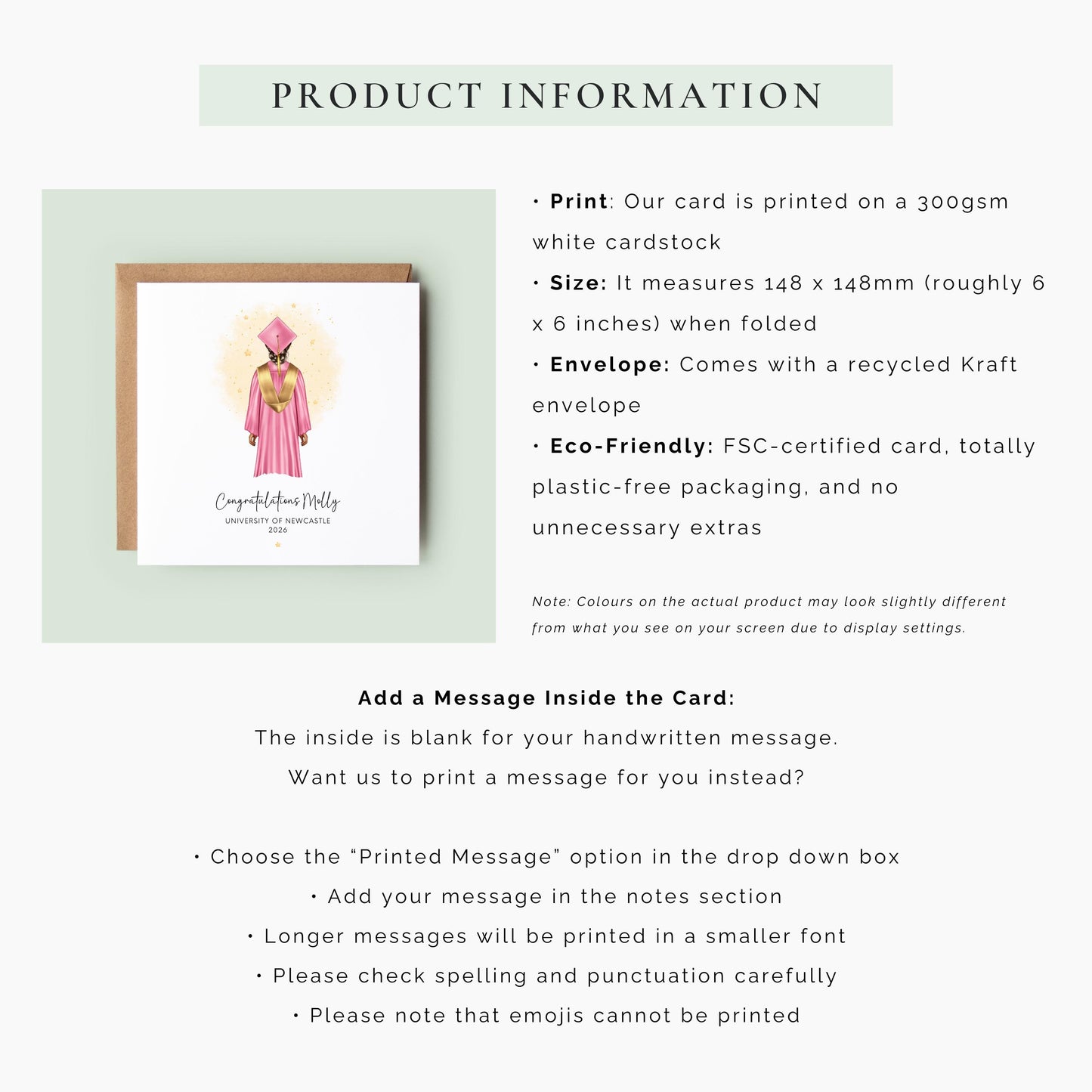 Personalised female graduation card featuring a graduate wearing a pink cap and gown with custom hair, skin tone, university name and graduation year. Personalised congratulations card for Class of 2026 graduates.