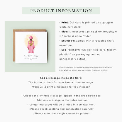 Personalised female graduation card featuring a graduate wearing a pink cap and gown with custom hair, skin tone, university name and graduation year. Personalised congratulations card for Class of 2026 graduates.