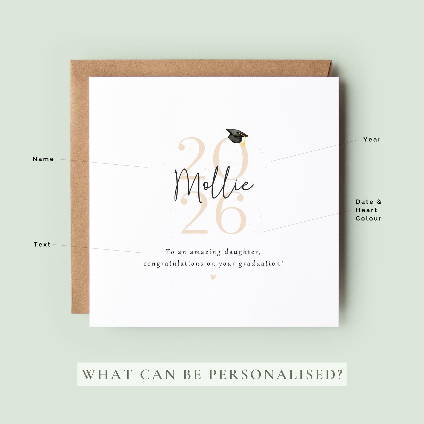 Personalised daughter graduation card featuring custom name, graduation year 2026, graduation cap illustration and congratulations message. Elegant graduation keepsake card for celebrating a daughter’s university or college achievement.