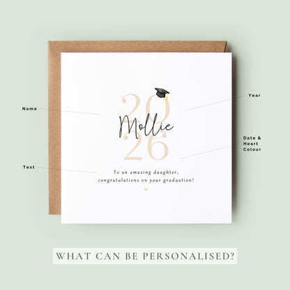 Personalised daughter graduation card featuring custom name, graduation year 2026, graduation cap illustration and congratulations message. Elegant graduation keepsake card for celebrating a daughter’s university or college achievement.