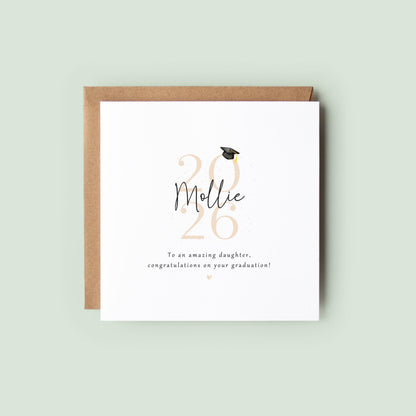 Personalised bestie graduation card featuring custom name, graduation year 2026, graduation cap illustration and congratulations message. Custom graduation keepsake card for celebrating a best friend’s university or college achievement.