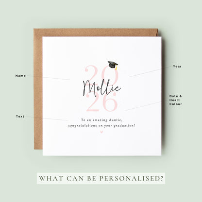 Personalised auntie graduation card featuring custom name, graduation year 2026, graduation cap illustration and congratulations message. Elegant graduation keepsake card for celebrating an auntie’s university or college achievement.