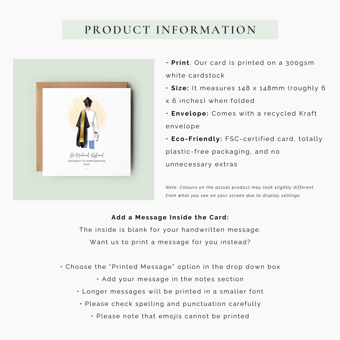 Personalised doctor graduation card featuring a medical graduate in cap and gown with scrubs and stethoscope, customised with name, university and graduation year, displayed with personalisation options.