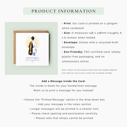 Personalised doctor graduation card featuring a medical graduate in cap and gown with scrubs and stethoscope, customised with name, university and graduation year, displayed with personalisation options.