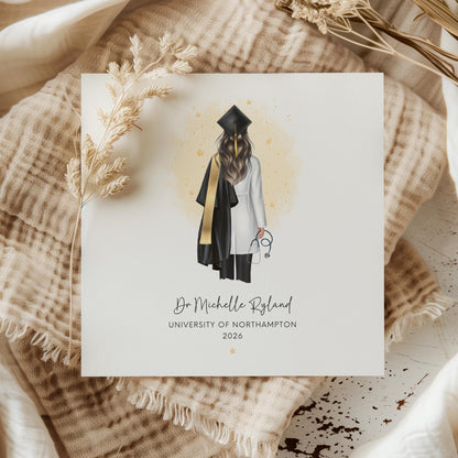 Personalised female doctor graduation card featuring a graduate in cap and gown with white medical coat and stethoscope, customised with name, university and graduation year, shown with personalisation options for hair, skin tone and accessories.