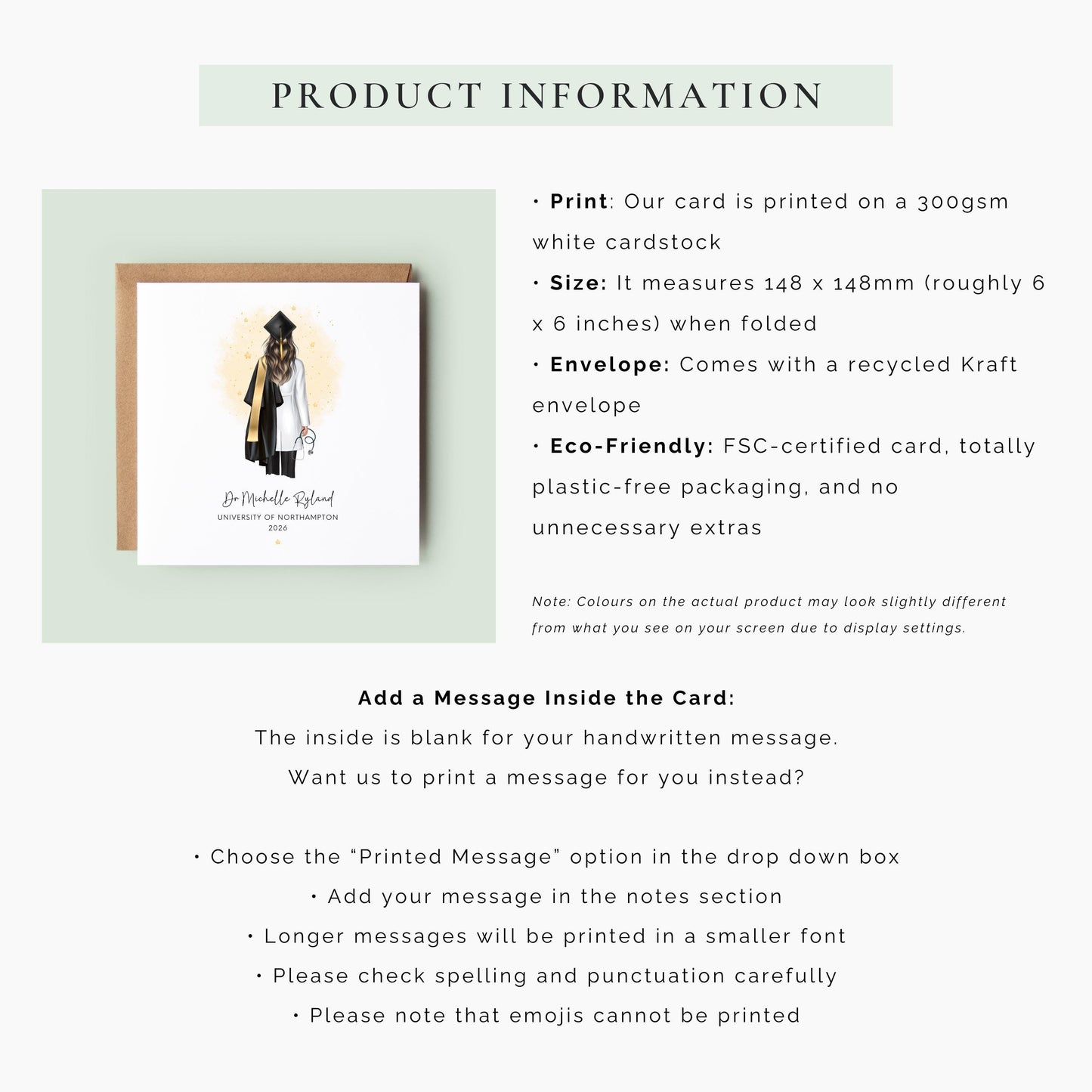 Personalised female doctor graduation card featuring a graduate in cap and gown with white medical coat and stethoscope, customised with name, university and graduation year, shown with personalisation options for hair, skin tone and accessories.